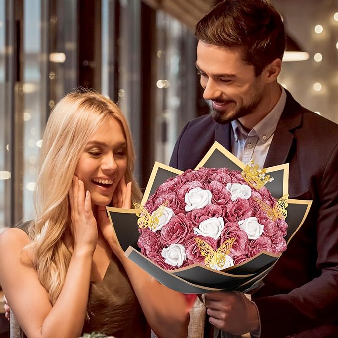 36+20 Glitter Roses Bouquet, DIY Fake Flowers Bouquet, Craft The Initials of Your Loves' Name with Artificial Rose for Valentines, Anniversary, Wedding, Rose Gold & White
