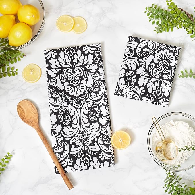 DII Cotton Dish Towel Set Damask Print, 18x28, Black, 2 Count