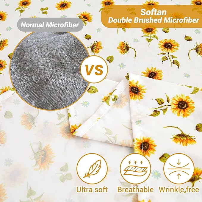 Softan Yellow Floral Sheet Set King, Sunflower Printed Bed Sheets King, Brushed Microfiber Fitted Sheet with 15" Deep Pocket & Non-Slip Straps, Yellow Flower Patterned Sheet & Pillowcase Sets