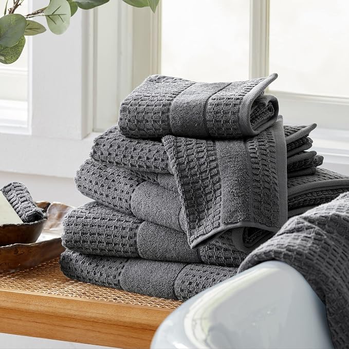 Market & Place 100% Cotton Super Soft Luxury Bath Towel Set | Quick-Dry and Highly Absorbent | Waffle Textured | 550 GSM | Includes 4 Bath Towels | Harper Collection (Dark Grey)