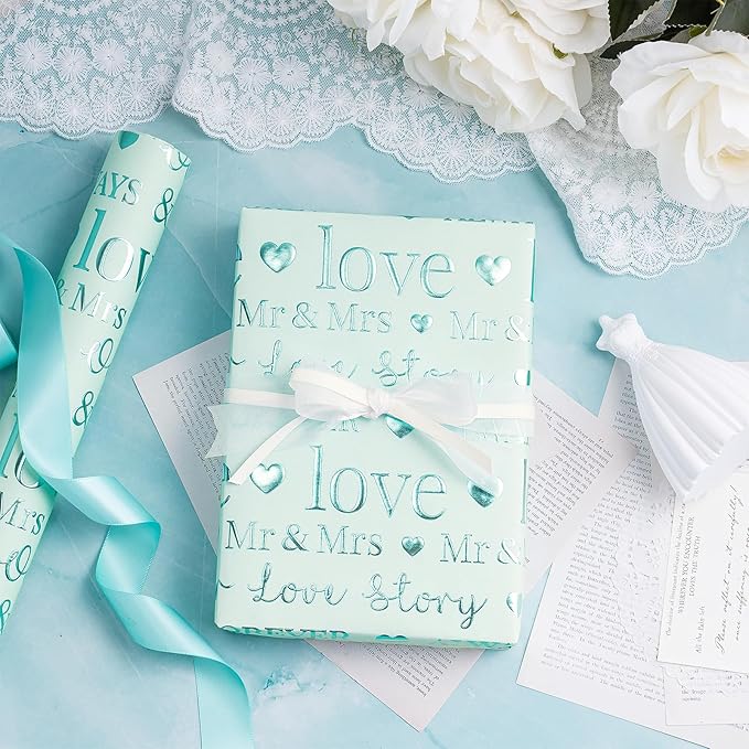 RUSPEPA Wedding Wrapping Paper, Mini Roll, Bridal Shower Gift Wrap, Mint Green Gold Foil LOVE Design, Perfect for Engagement, Anniversary, 17 Inches x 16.5 Feet