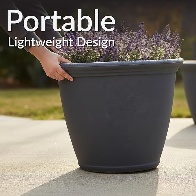 Sunnydaze 24-Inch Anjelica Large Plastic Pot for Plants - Double-Walled Outdoor Polyresin Round Planter Porch Pot with Drillable Drainage Holes - Slate