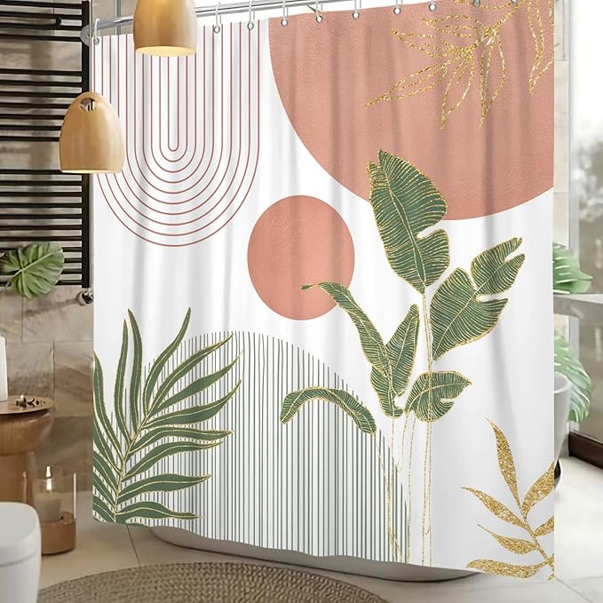 Mid Century Boho Shower Curtain, Abstract Modern Sun Minimalist Aesthetic Shower Curtain, Bohemian Geometric Arch Curve Leaves Neutral Art Fabric Bathroom Curtains Pink 72x84 inch