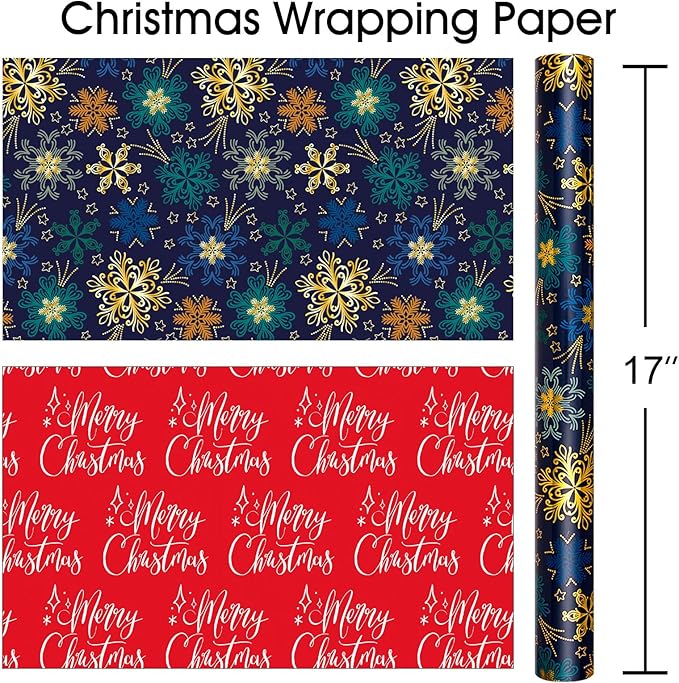 MAYPLUSS Christmas Wrapping Paper Roll - 17IN X 33FT - Green Gift Wrapping Paper Featuring Snowflake Against Dark Green Reversible Merry Christmas for Kids, Holiday, New Year