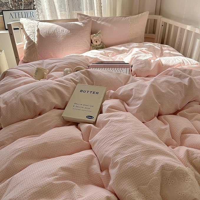 LifeTB Pink Gingham Duvet Cover Queen Size 3 Pieces Romantic Lace Duvet Cover Pink Plaid Checkered Comforter Cover with 2 Pillowcases Soft Breathable Microfiber Grid Farmhouse Plaid Bedding Set