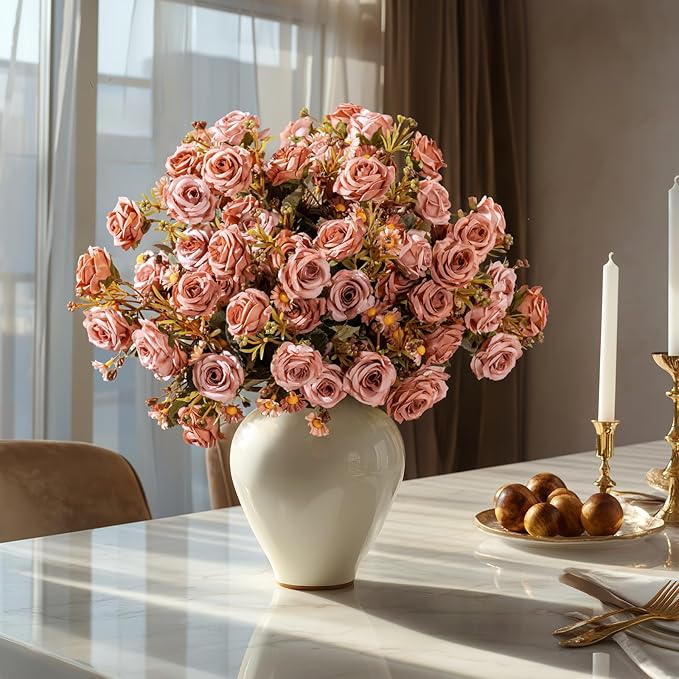 Artificial Rose Flowers for Outdoor 4 Bundles Rose Bouquet with Daisy Faux Flowers UV Resistant for Home Indoor Outside Garden Porch Window Box Balcony Yard Porch Fall Decor (Brown)