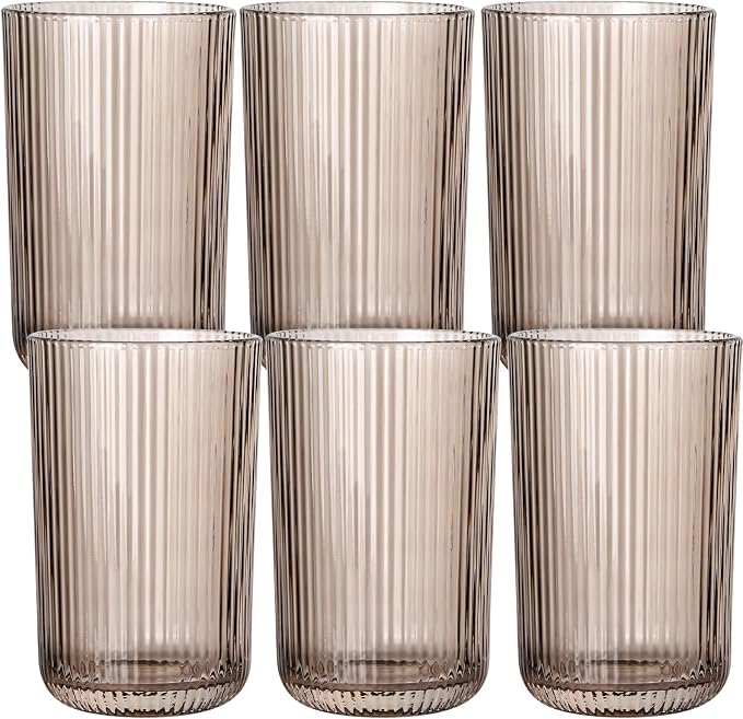 Gray Ribbed Highball Glasses Set of 6, 13.2oz Smokey Gray Colored Glassware, Drinking Glasses for Water, Juice, Iced Coffee, Cocktails, Glass Cups, Housewarming Christmas Gift