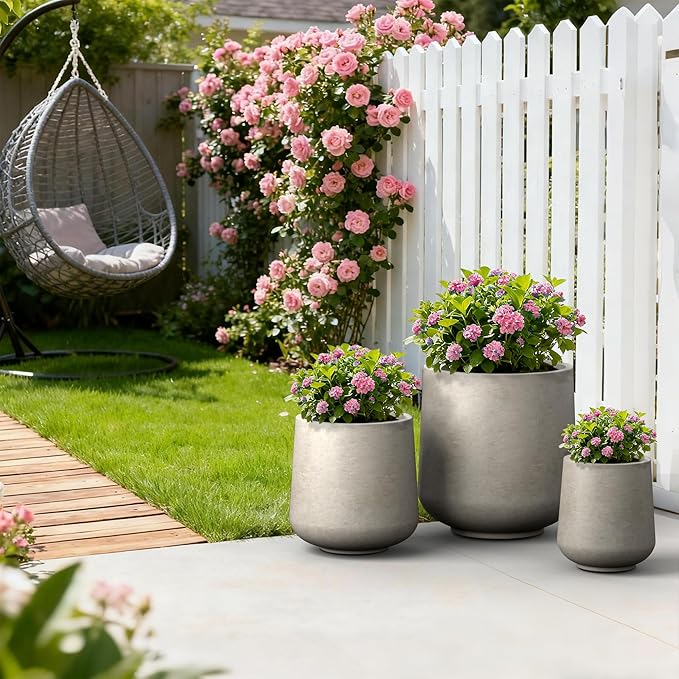 Kante 15.3"+11.6"+8.2" Dia Round Concrete Planter, Large Outdoor Indoor Planter Pots Containers with Drainage Holes and Rubber Plug for Home Garden Patio, Buff Concrete