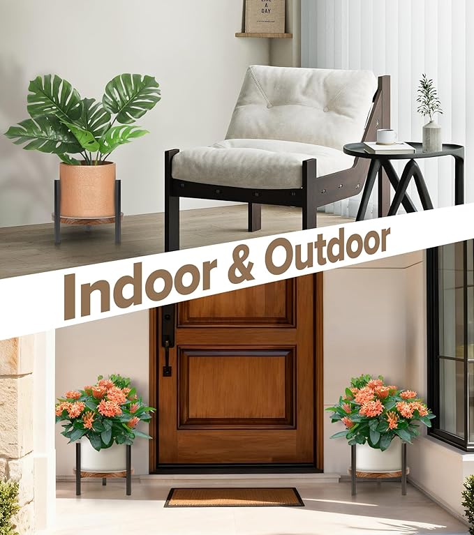 Plant Stand Indoor Adjustable with Walnut Wood Tray, Metal Modern Indoor Plant Stand, Heavy Duty Plant Stands Outdoor Corner, Stable Plant Holder, Fits 8 to 12 Inches Pots, Black, 1 Pack