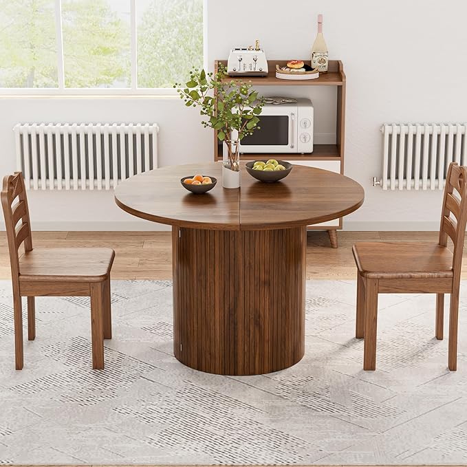 43-95 inch Long Round Extendable Dining Table for 4-10, Space Saving Oval Large Dinner Kitchen Table with 3 Leaf, 2 Storage, Fluted Mid Century Modern Dining Room Table for Living Room, Brown