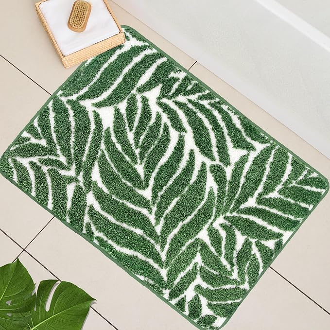 Dark Green Leaf Bathroom Rugs - Bath Mats for Bathroom Non Slip Machine Washable Decor Water Absorbent Bath Rugs for Sink Bathtub and Shower Leaves 24" x 36"