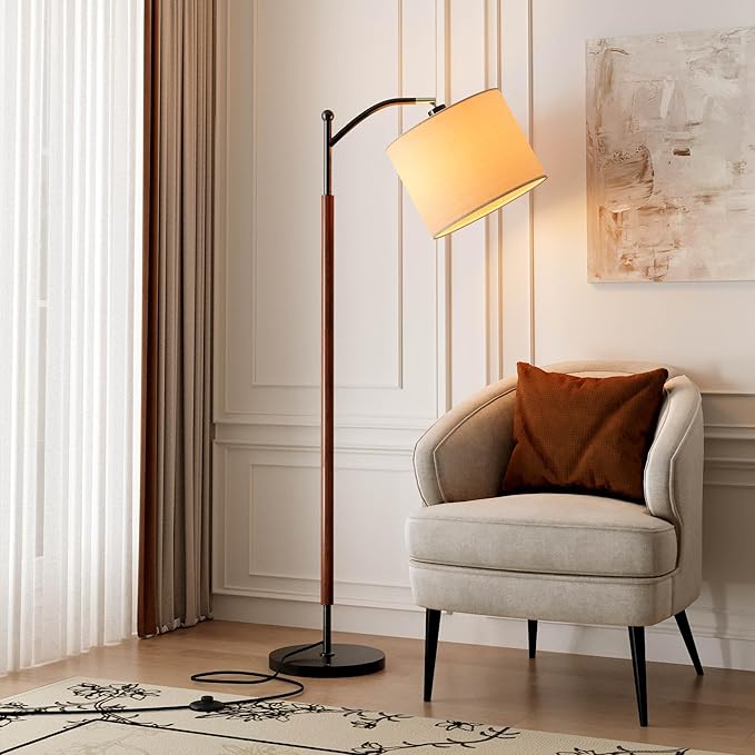 Arc Floor Lamp, Corner Mid Century Modern Floor Lamp, Standing Lamp with Adjustable Hanging Lampshade and Marble Base, Floor Lamps for Living Room, Bedroom, Office, Walnut Brown