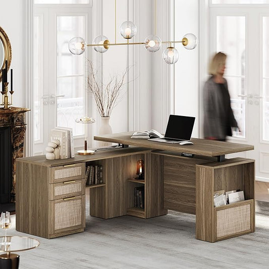 63 Inches L Shaped Standing Desk, Executive Standing Desk with Drawers and File Cabinet, AC/USB, 1.18" Desktop, Multi-Sized Storage Cubby, Privacy Panel, Rattan Computer Desk, Natural Oak