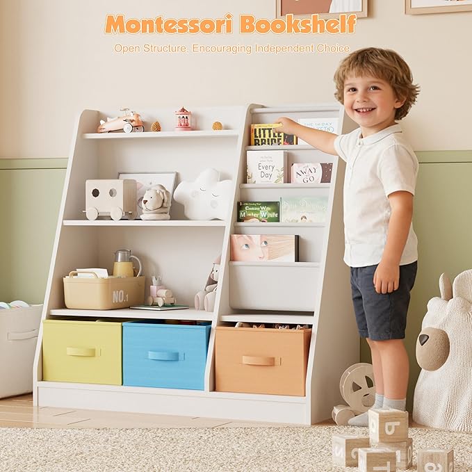 NACHES Kids Bookshelf and Toy Storage Organizer, Montessori Nursery Book Shelves with Sling Rack & Fabric Toy Bins, Toddler Baby Bookcase, Wooden Toy Shelf for Kids Room, Playroom, White-Colorful