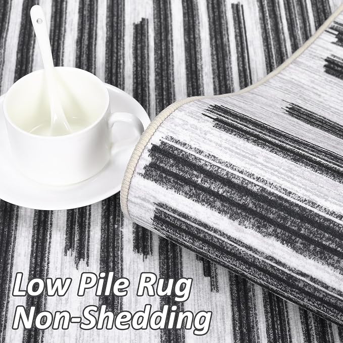 Washable 5x7 Rugs for Living Room Low Pile Soft Bedroom Rug Modern Abstract Lines Carpet Non Shedding Thin Office Carpets Contemporary Geometric Striped Floor Mats for Kitchen Nursery, Beige Black