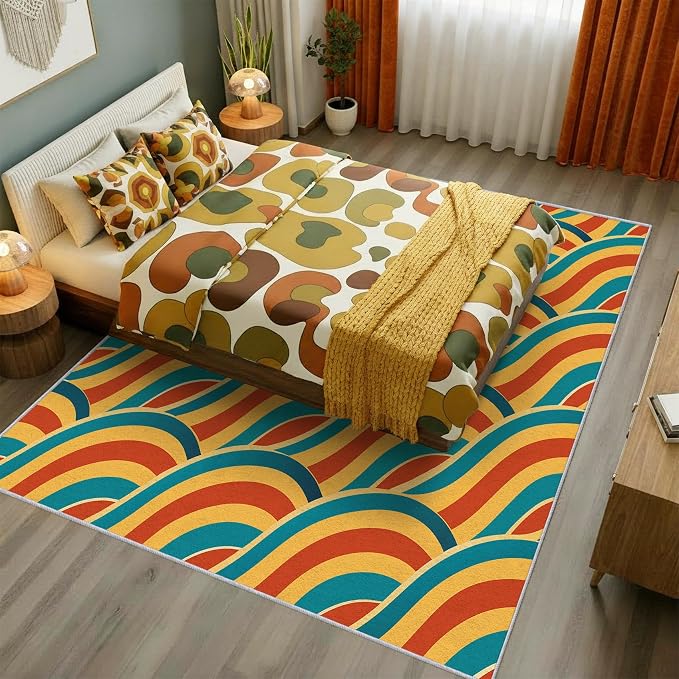 70s Rug 7x9 Retro Abtract Groovy Stripes Pattern Area Rugs for Living Room, Bedroom, 70s Home Decor Accessories Indoor Carpet, Non Slip & Machine Washable, GD0370