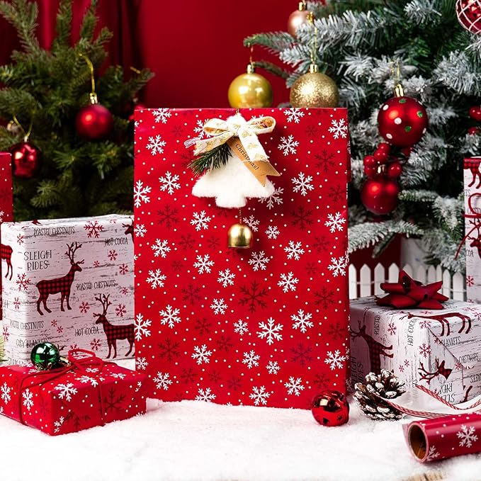 MAYPLUSS Christmas Wrapping Paper Roll, 17 Inch X 16.5 Feet Christmas Gift Wrapping Paper Featuring Reindeer Reversible Snowflake Thick Wrap Paper for Holiday Party New Year Kids