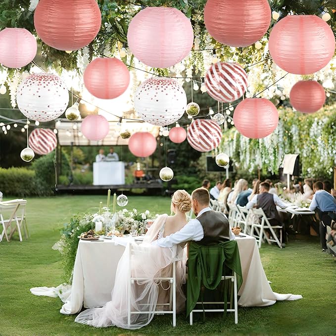 Paper Lanterns Decorative, Rose Gold Round Hanging Paper Lantern Decorations for Birthday Party Bridal Shower Wedding Baby Shower Engagement Valentine's Day Party Supplies