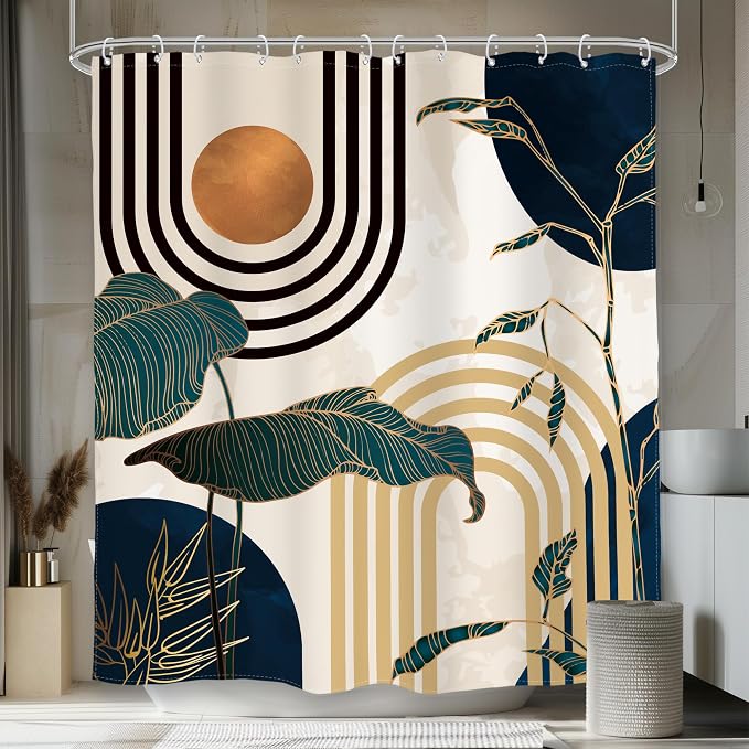 Glawry Blue Abstract Mid Century Shower Curtain Boho Retro Tropical Palm Tree Sun Arch Modern Bathroom Aesthetic Geometric 60Wx72L Inches Bath Accessories Art Home Decor Fabric 12 Pack Hooks
