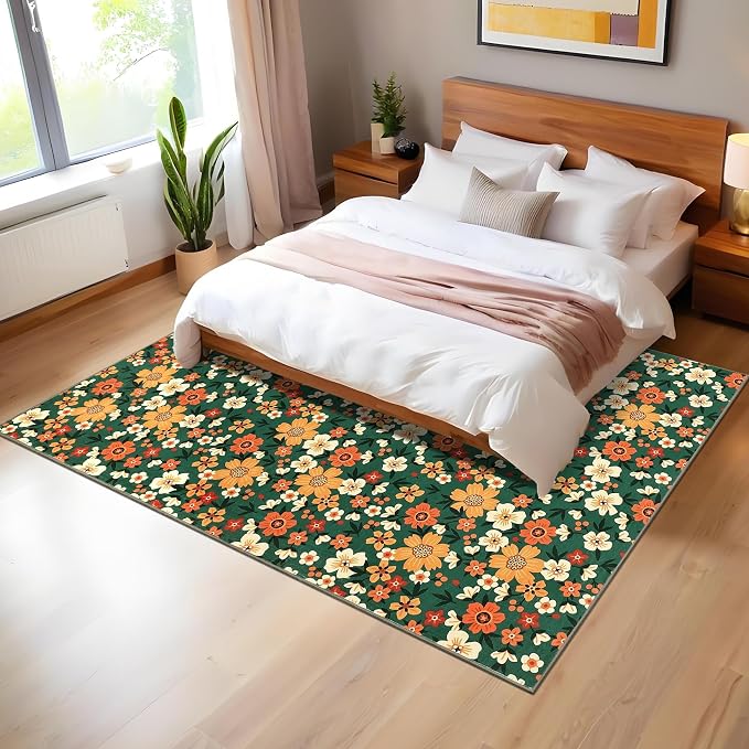 9x12 Area Rug Washable Modern Floral Rug for Living Room Low Pile Soft Bedroom Rugs Non Slip Modern Indoor Large Carpet Thin Foldable Floral Carpet for Nursery Dining Playroom, Green