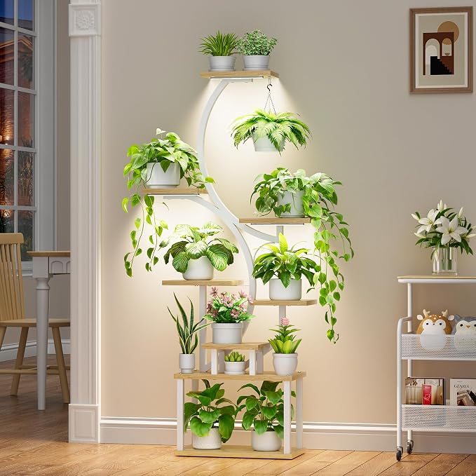 Plant Stand with Grow Lights for Indoor Plants, 8-Tiered Tall Corner Plant Shelf with Full Spectrum Light, S-Shaped Space-Saving Narrow Flower Holder, Anti-Tip for Living Room Bedroom Office, Natural
