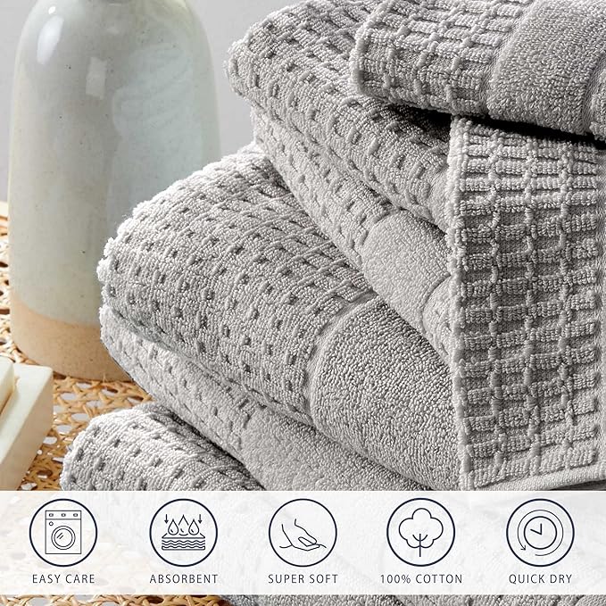 100% Cotton Super Soft Luxury Bath Towel Set | Quick-Dry and Highly Absorbent | Waffle Textured | 550 GSM | Includes 4 Bath Towels | Harper Collection (Light Grey)