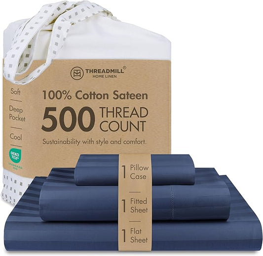 Threadmill 500 Thread Count Twin Size Damask Stripe, 3 Pc Luxury Cotton Bedding Set, Breathable Folkstone Blue Sheets with 15" Elasticized Deep Pocket, 1 Pillowcase & Free Tote Bag