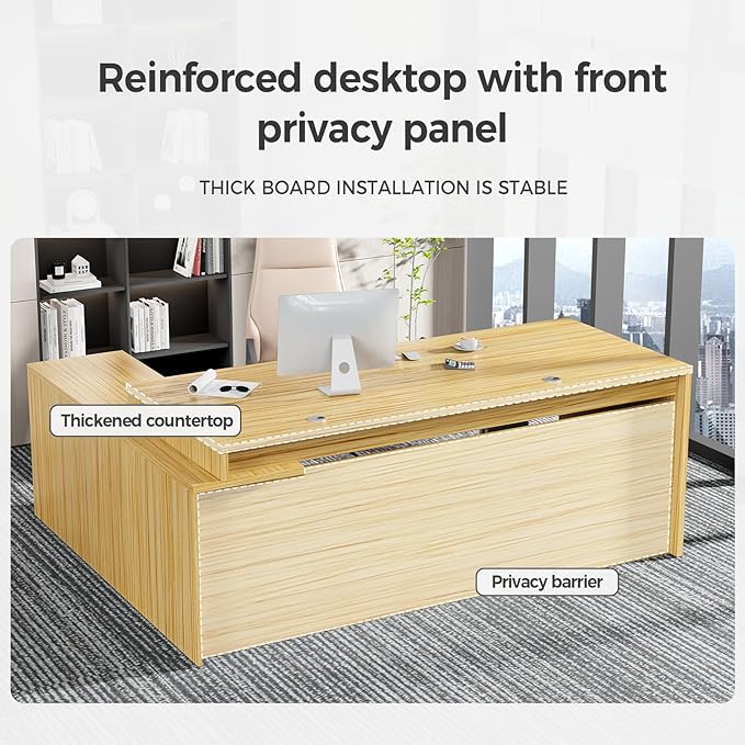 Modern L-Shaped Executive Desk，Office Desk with Spacious Desktop,Large Storage, Wood Construction,Cable Management for Home and Office (Light Walnut/Left Cabinet, 78.7" L*31.5" W*29.5" H)