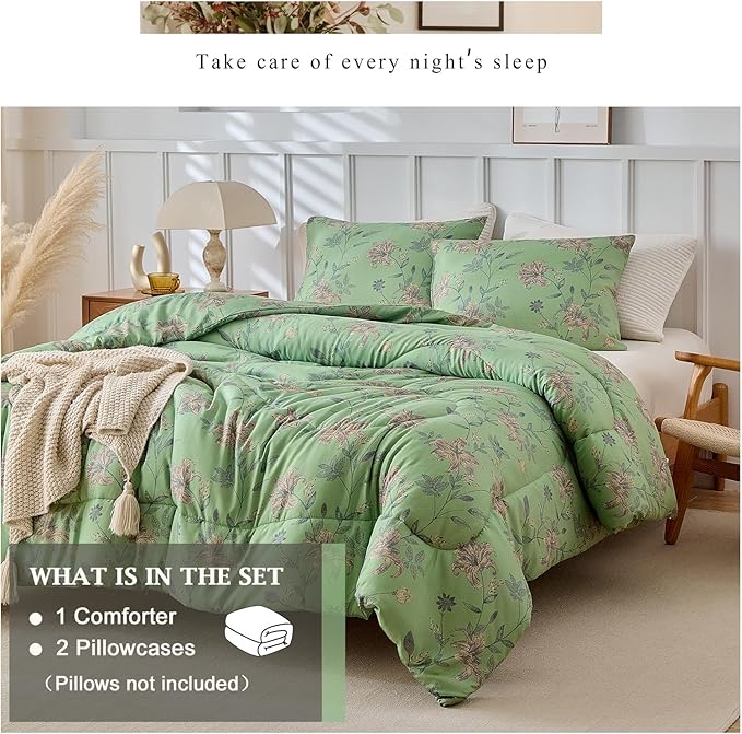 Garden Style Green Comforter Set Queen Vintage Flower Bedding Comfortet Set Soft Microfiber Bedding Set 1 Green Floral Comforter and 2 Pillowcases Chic Botanical Comforter Set for Girls Women