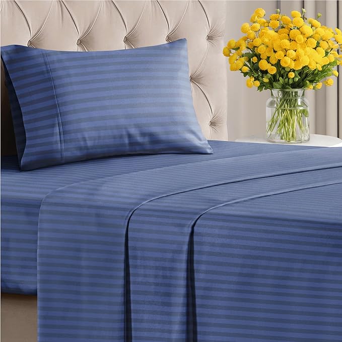 Striped Sheets - Blue Striped Sheets - 1 Flat & 1 Fitted & 1 Pillowcase w/ Deep Pockets – Comfy, Wrinkle & Fade Free - Soft, Breathable and Cooling – Luxury Pinstripe Bedding - Twin XL Size Bed Set