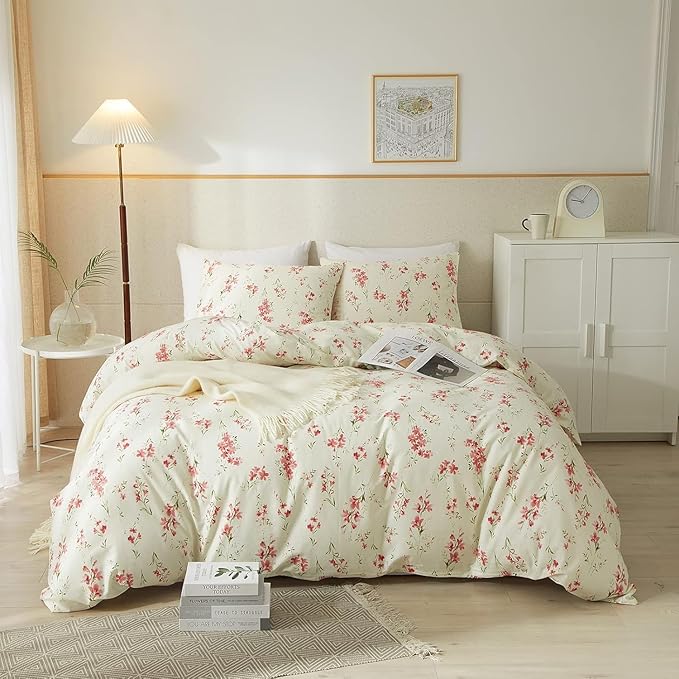 Boho Floral Duvet Cover Twin XL Soft Cotton Pink Floral Bedding Set Chic Garden Style Cute Flower Pattern Duvet Cover Vintage Floral Botanical Comforter Cover 1 Twin XL Duvet Cover with 2 Pillowcases