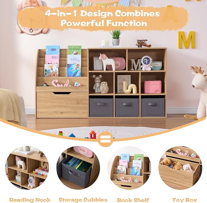 Kids Bookshelf and Toy Storage, Toy Storage Organizers with Movable Drawers & 3 Storage Bins, Kids Reading Nook Toy Organizers Shelf with 5 Cubbies, Natral Wood