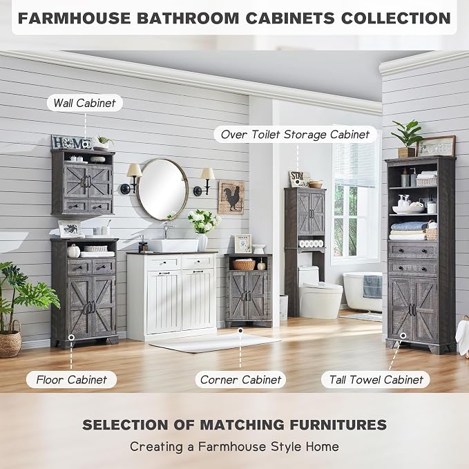 ACCOHOHO Over The Toilet Storage Cabinet, Farmhouse Bathroom Cabinet with Adjustable Shelf & Barn Door, 67" Tall Over The Toilet Shelf, Grey Wash
