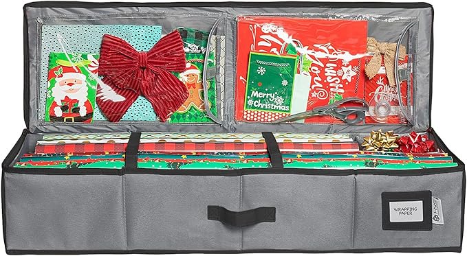 HOLDN’ STORAGE Premium Wrapping Paper Storage Container - Durable 600D Tear-Proof, Fits 27 Rolls Gift Wrap, Extra Pockets for Ribbons & Bows, Underbed Storage - Ideal for Holiday Christmas, Gray