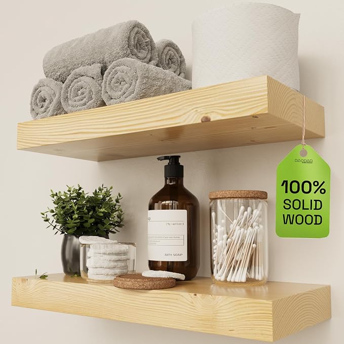 BAOBAB WORKSHOP Wood Floating Shelves for Bathroom Wall, Rustic Shelf 16 inch, Floating Wooden Shelves for Bedroom Kitchen Living Room, Natural Wood Shelves, 16 x 6.7 Inch, Set of 2