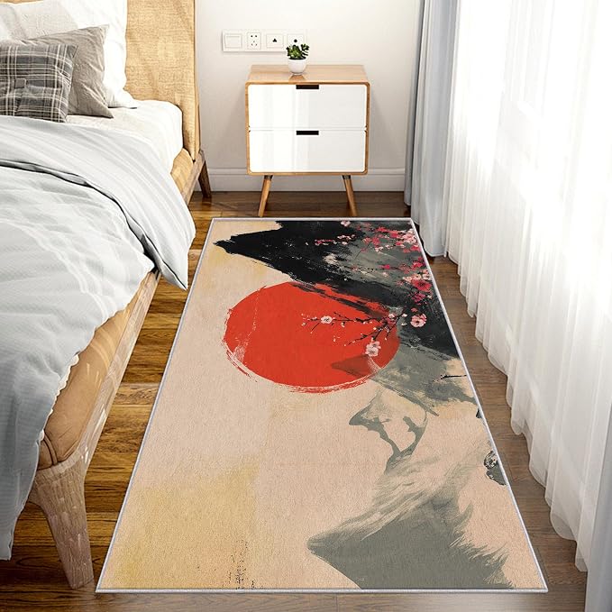 Japanese Runner Rug 3x12, Red Sun Cherry Blossom Mountain Landscape Design, Traditional Asian Art Area Rug, Washable Carpet Runner for Bedroom, Hallways, Kitchen Walkway, Dining Room Sideboard