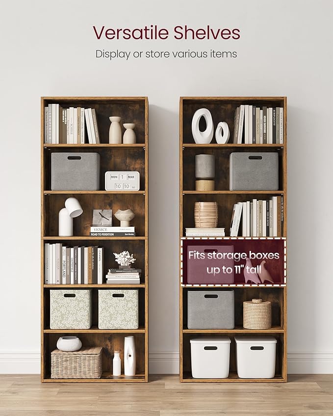 VASAGLE Set of 2 Bookshelves, 23.6 Inches Wide, 6-Tier Open Bookcases with Adjustable Storage Shelves, Floor Standing Units, Rustic Brown ULBC166X01-2