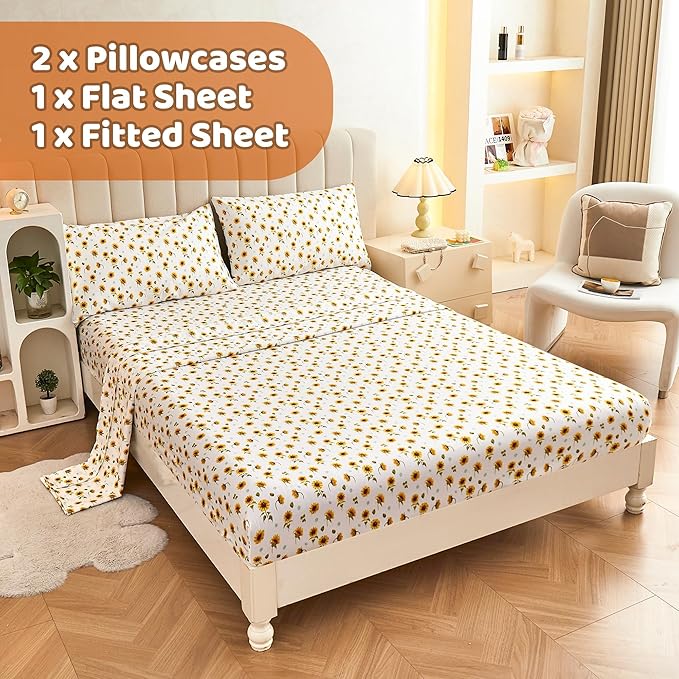 Softan Yellow Floral Sheet Set King, Sunflower Printed Bed Sheets King, Brushed Microfiber Fitted Sheet with 15" Deep Pocket & Non-Slip Straps, Yellow Flower Patterned Sheet & Pillowcase Sets