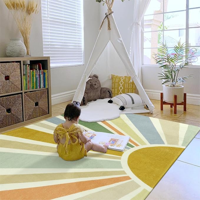 STARUIA Kids Rugs for Playroom & Nursery - 5'x7' Boho Washable Rainbow Area Rug, Non-Slip Soft Carpet for Classroom, Office & Dining Room