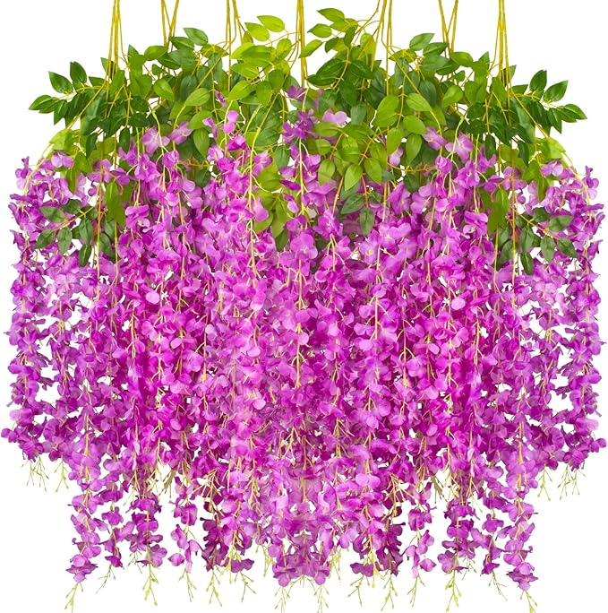 12 Pack Artificial Flowers Silk Wisteria Vine Ratta Hanging Flower (Purple)