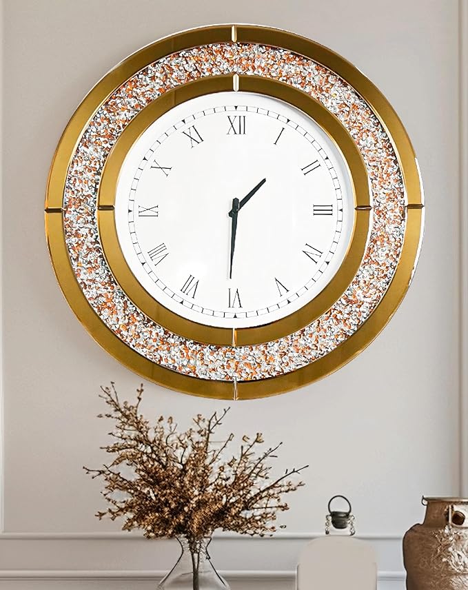 Crushed Diamond Wall Clock Round Decorative Mirrored Clock 32 inch Brown