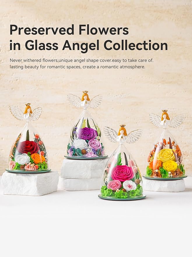 Gifts for Women Forever Flowers Preserved Rose in Glass Angel Figurine Real Colorful Roses Birthday Gifts for Her Grandma Sister Daughter Wife, Red