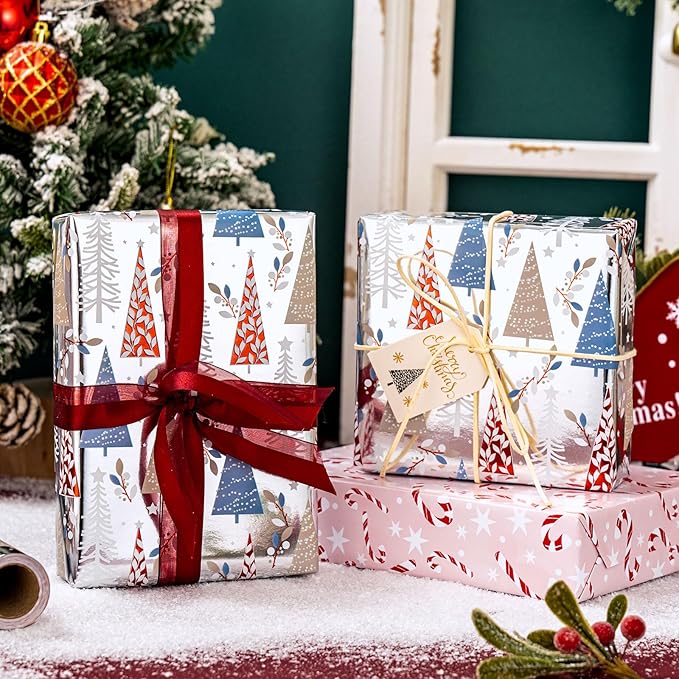 MAYPLUSS Christmas Wrapping Paper Roll - 17IN X 33FT - Silver Gift Wrapping Paper Featuring Triangle Christmas Tree Against Silver Reversible Candy Cane for Kids, Holiday, New Year