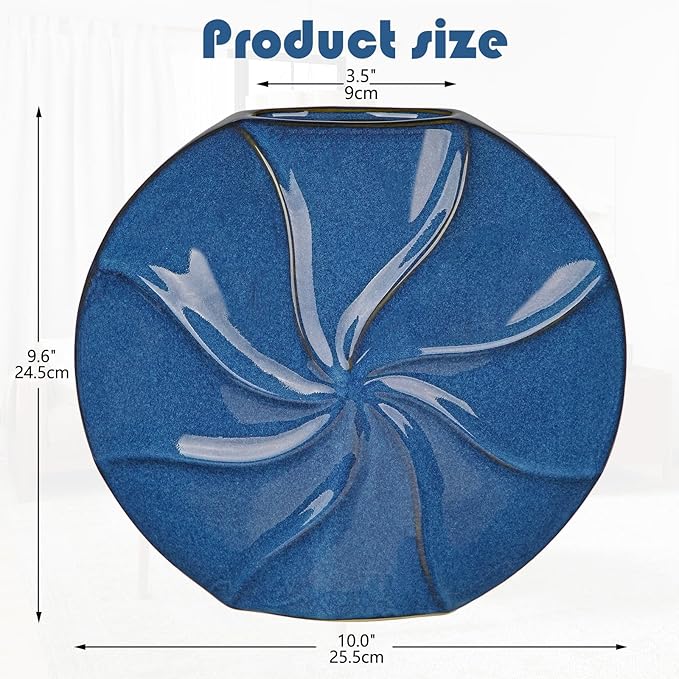 Blue Ceramic Vase for Home Decor – 13" x 11.8" Modern Decorative Vase for Pampas Grass, Artificial Flowers & Dried Bouquets – Elegant Textured Flower Vase for Living Room, Bedroom & Office