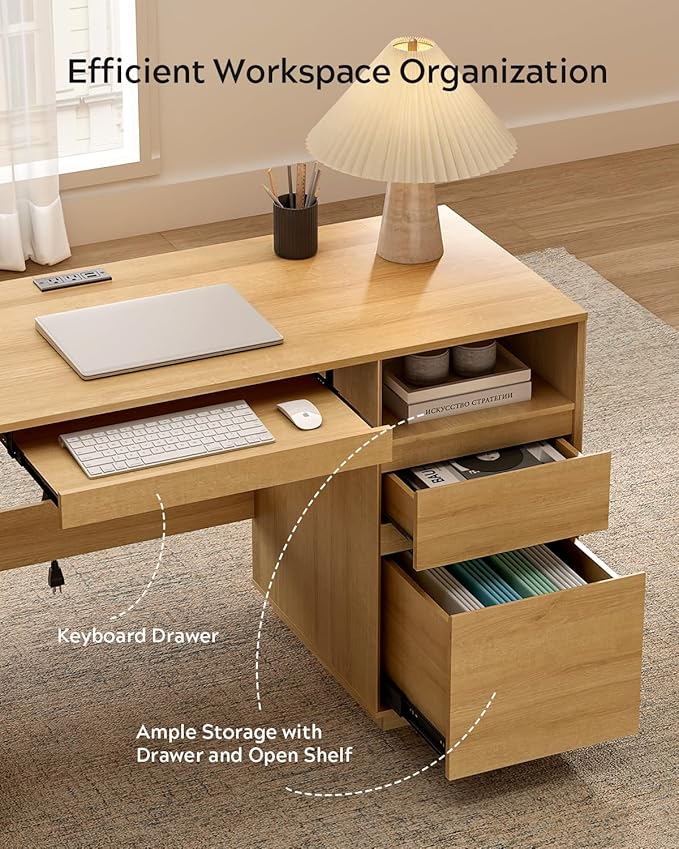 59" Executive Desk, Farmhouse Large Home Office Desk with File Drawer & Outlet & Storage Cabinet, Wood Computer Desks with Keyboard Tray, Workspace for Study Writing, Natural Oak