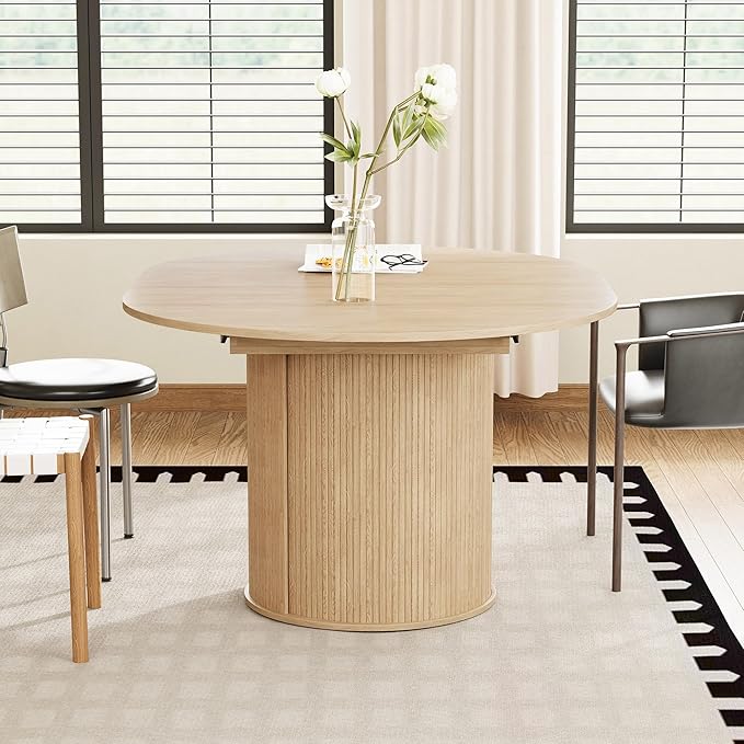 weselon 43"-59" Extendable Round to Oval Dining Table with Hidden Storage, Modern Wooden Kitchen Table with Fluted Sliding Door Cabinet, Expandable Dinner Table for Dining Room Living Room (Natural)