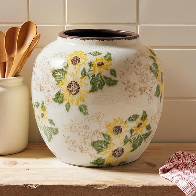 Vintage Round Pastoral Vase, 6.7 inch Yellow and Beige Sunflower Rustic Farmhouse Antique Ceramic Floral Vases, Retro Ice Cracked Chinoiserie Vase for Home Decor Living Room Bookshelf