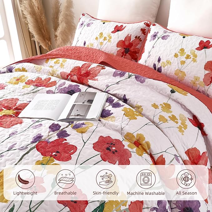 Anibedding Floral Quilt Set King Size, Red Bedspread 3 Pieces Botanical Flower Bedding Set Soft Microfiber Coverlet Set for All Season (King, 104"x90")