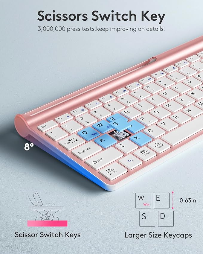 Samsers Wireless Keyboard and Mouse Combo Ultra Slim Rechargeable Dual-Mode (Bluetooth 5.0x2 +2.4G) Silent Keyboard and Mouse Set, Multi-Device Full-Size Design for MacOS/iOS/Android/Windows - Pink