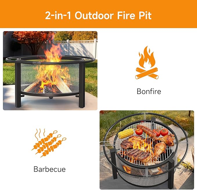 ONBRILL 2-in-1 32 Inch Fire Pit with Cooking Grill, Outdoor Wood Burning Firepit with Poker for BBQ, Bonfire, Picnic, Party, Round Metal Fire Pit for Outside, Backyard, Patio
